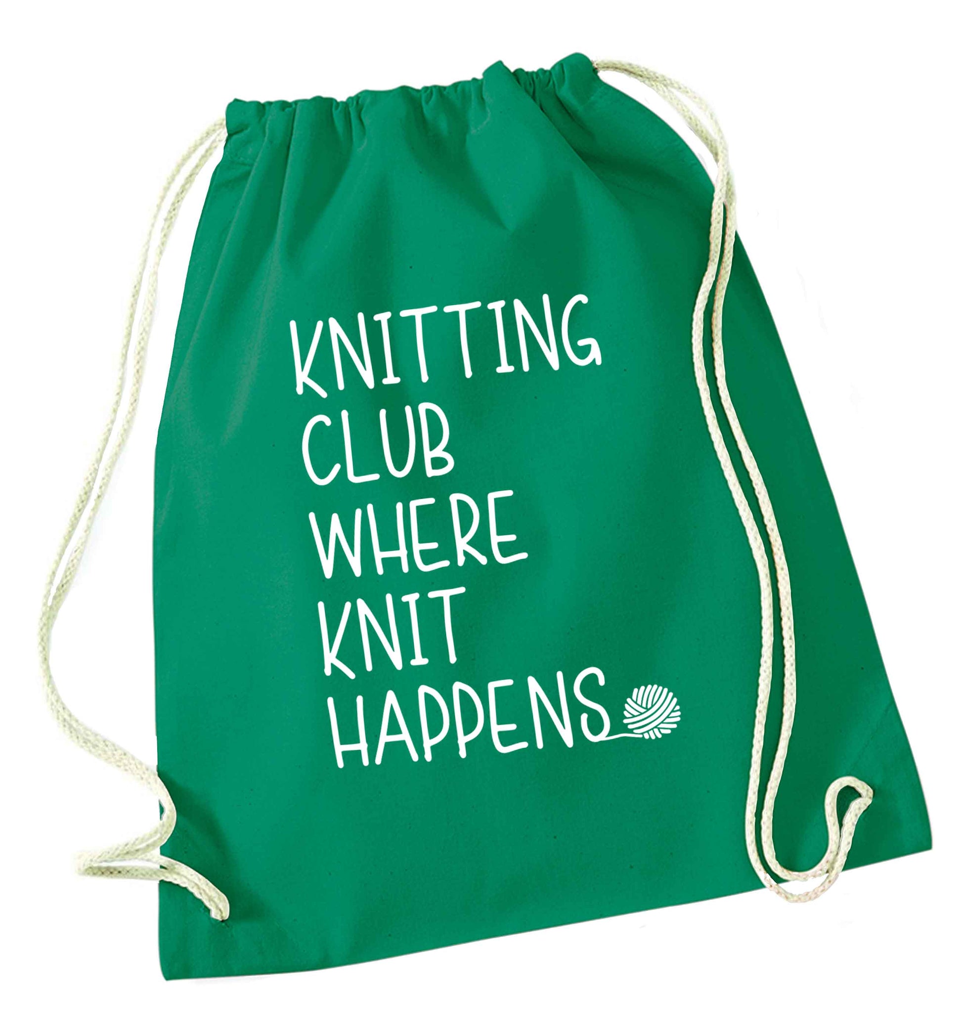 Knitting club where knit happens green drawstring bag