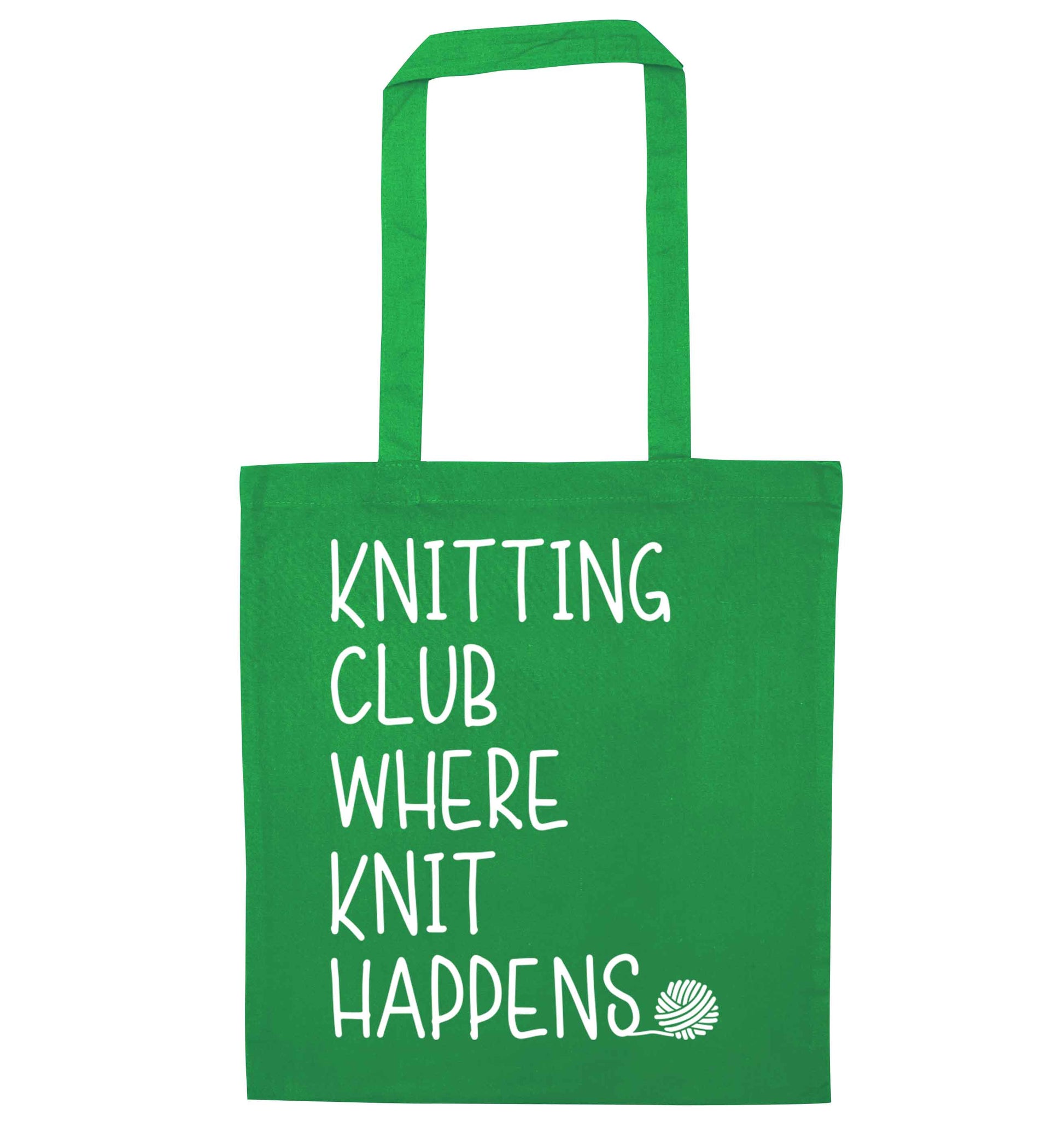 Knitting club where knit happens green tote bag
