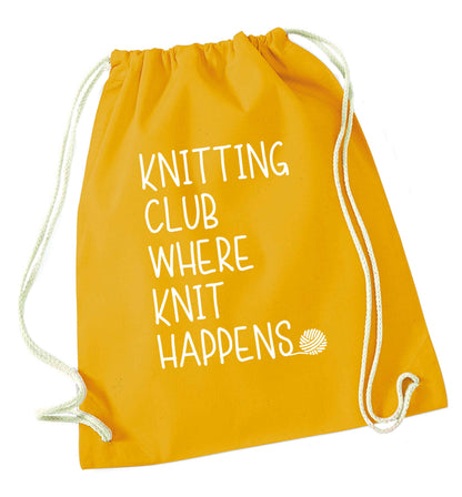 Knitting club where knit happens mustard drawstring bag
