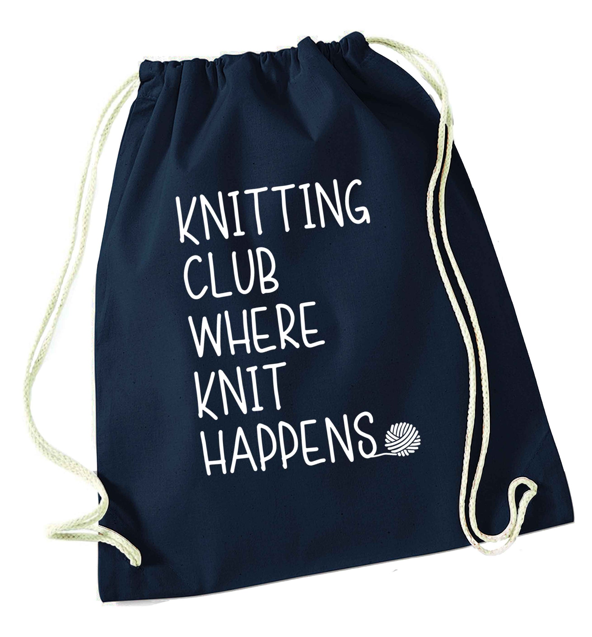 Knitting club where knit happens navy drawstring bag