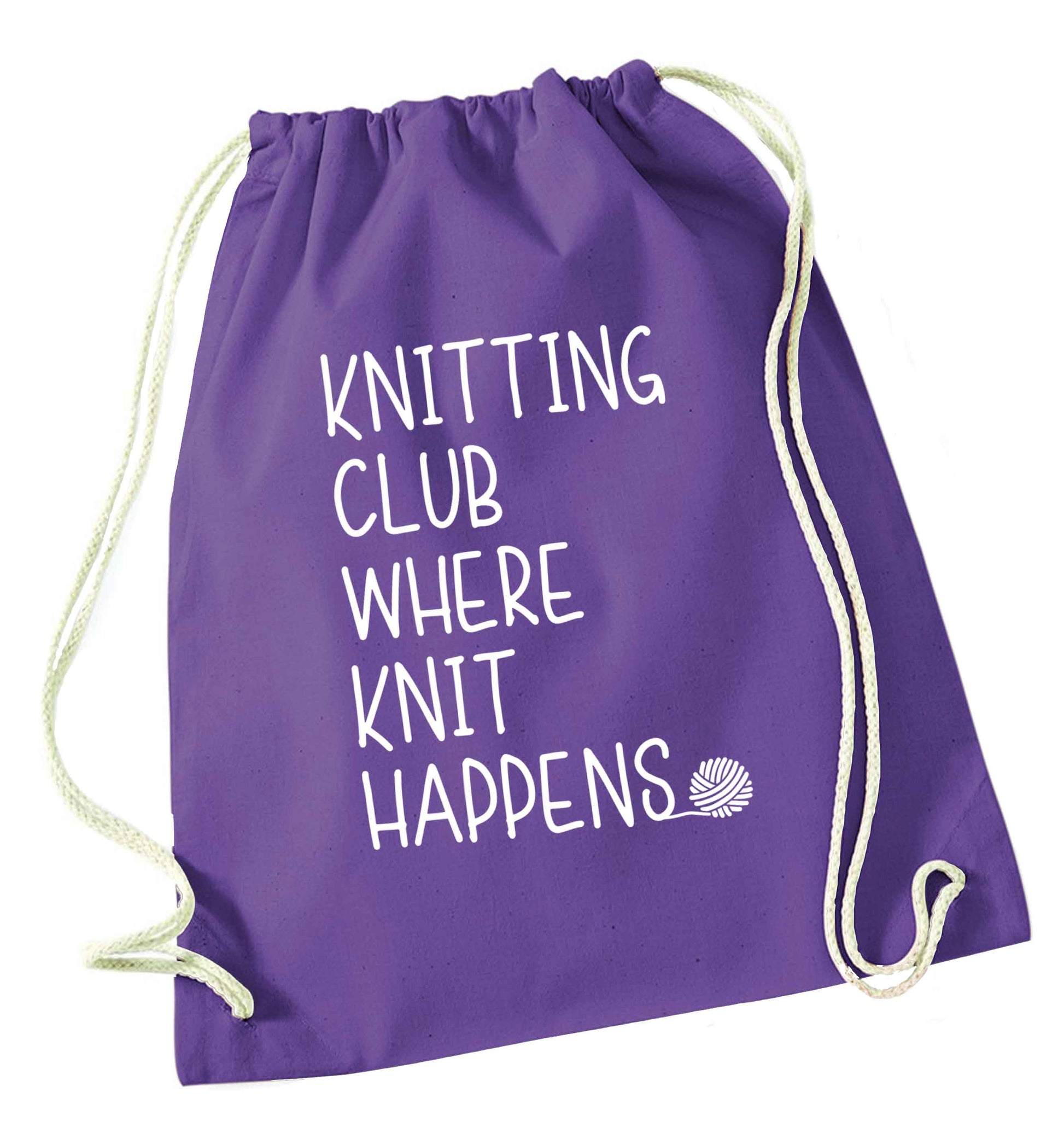 Knitting club where knit happens purple drawstring bag