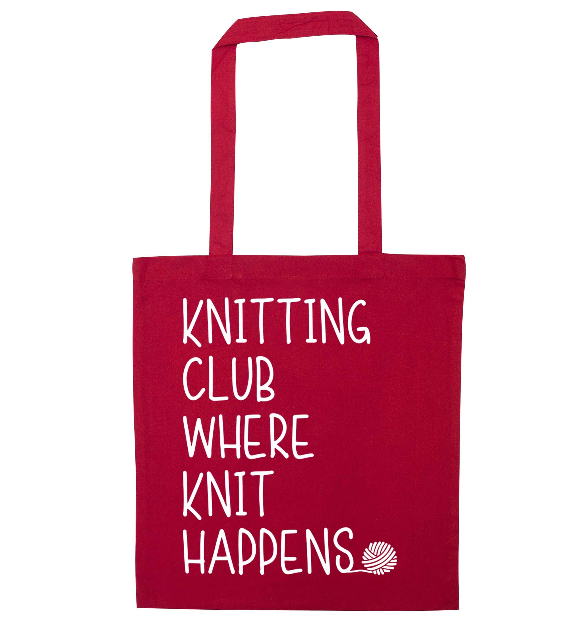 Knitting club where knit happens red tote bag