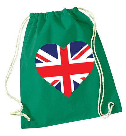 Union Jack Heart green drawstring bag