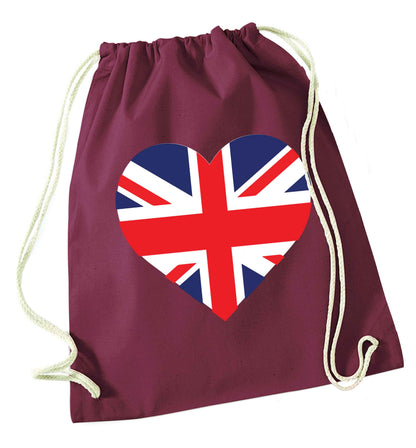 Union Jack Heart maroon drawstring bag