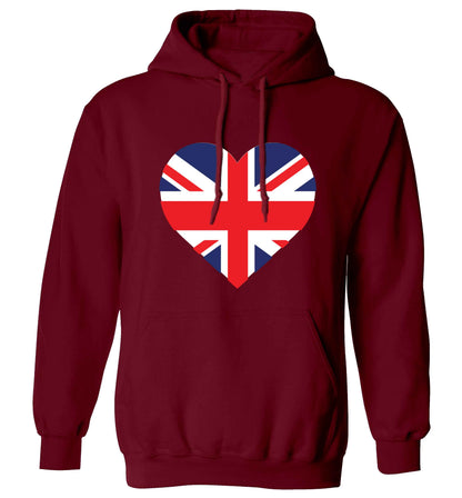 Union Jack Heart adults unisex maroon hoodie 2XL