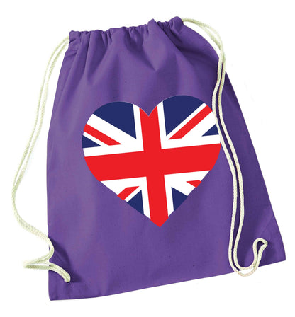 Union Jack Heart purple drawstring bag