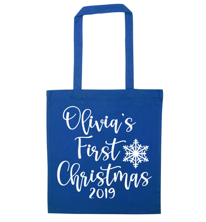 Personalised first Christmas - script text blue tote bag