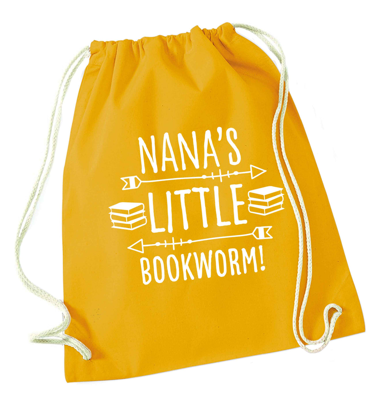 Nana's little bookworm mustard drawstring bag