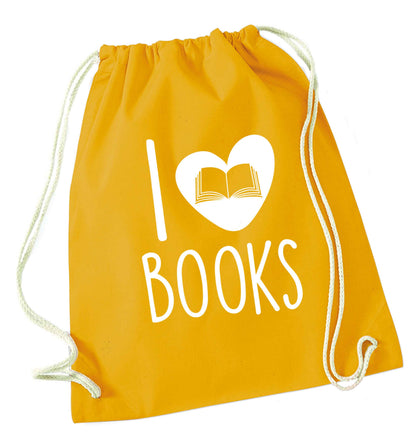 I love books mustard drawstring bag