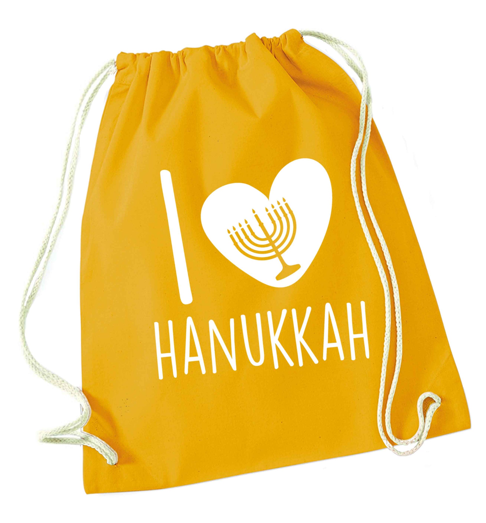 I love hanukkah mustard drawstring bag