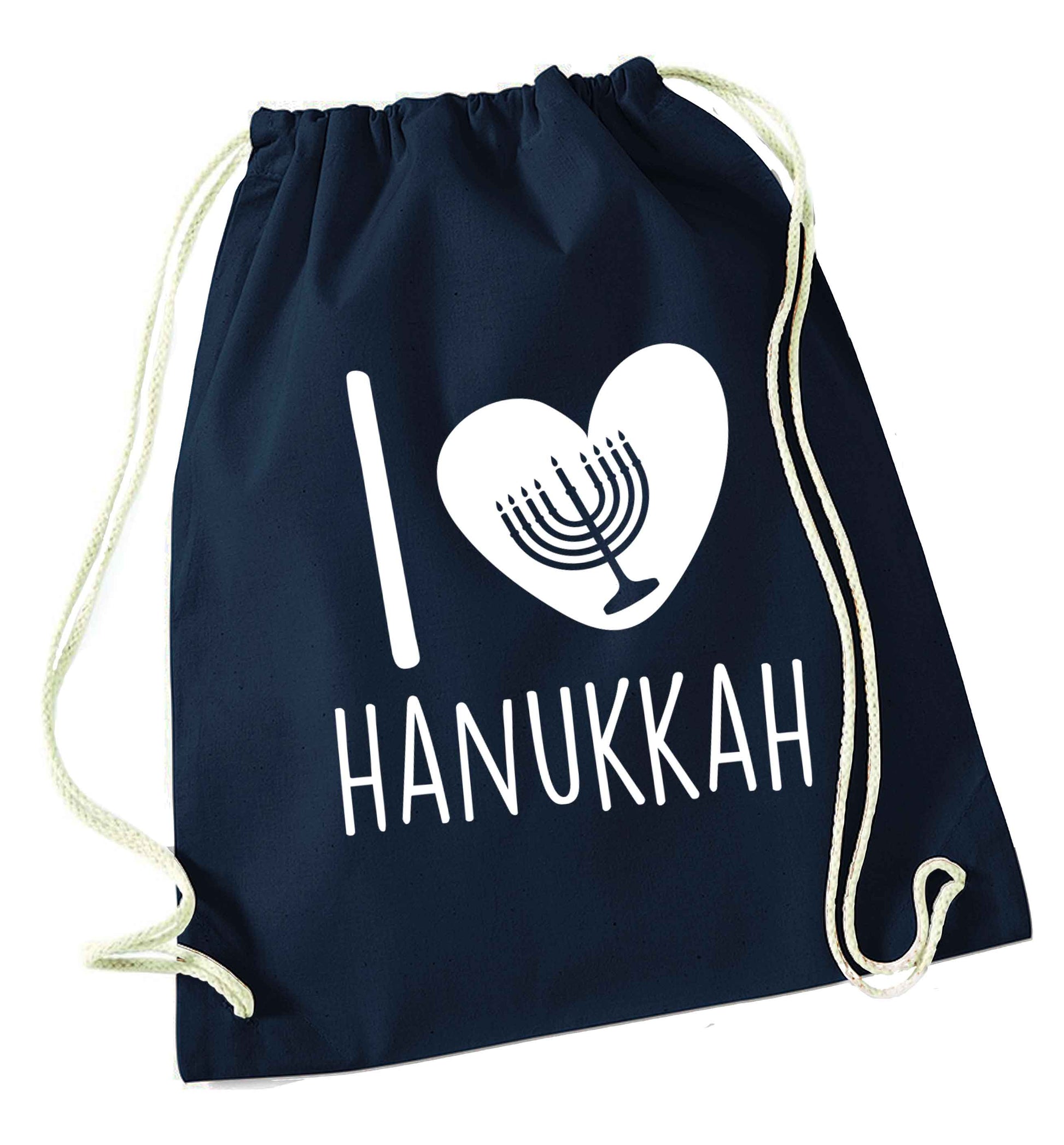 I love hanukkah navy drawstring bag