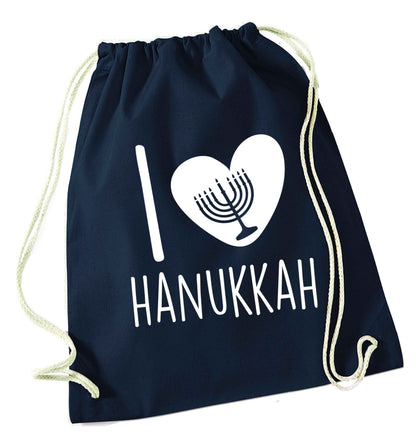I love hanukkah navy drawstring bag