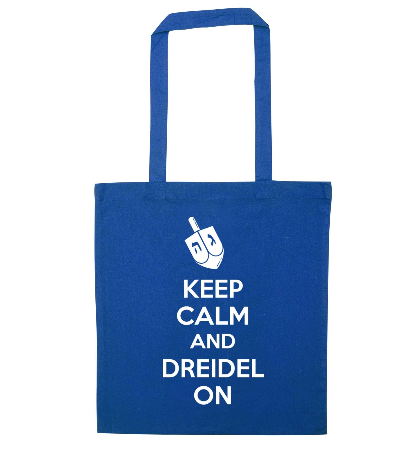 Keep calm and dreidel on blue tote bag