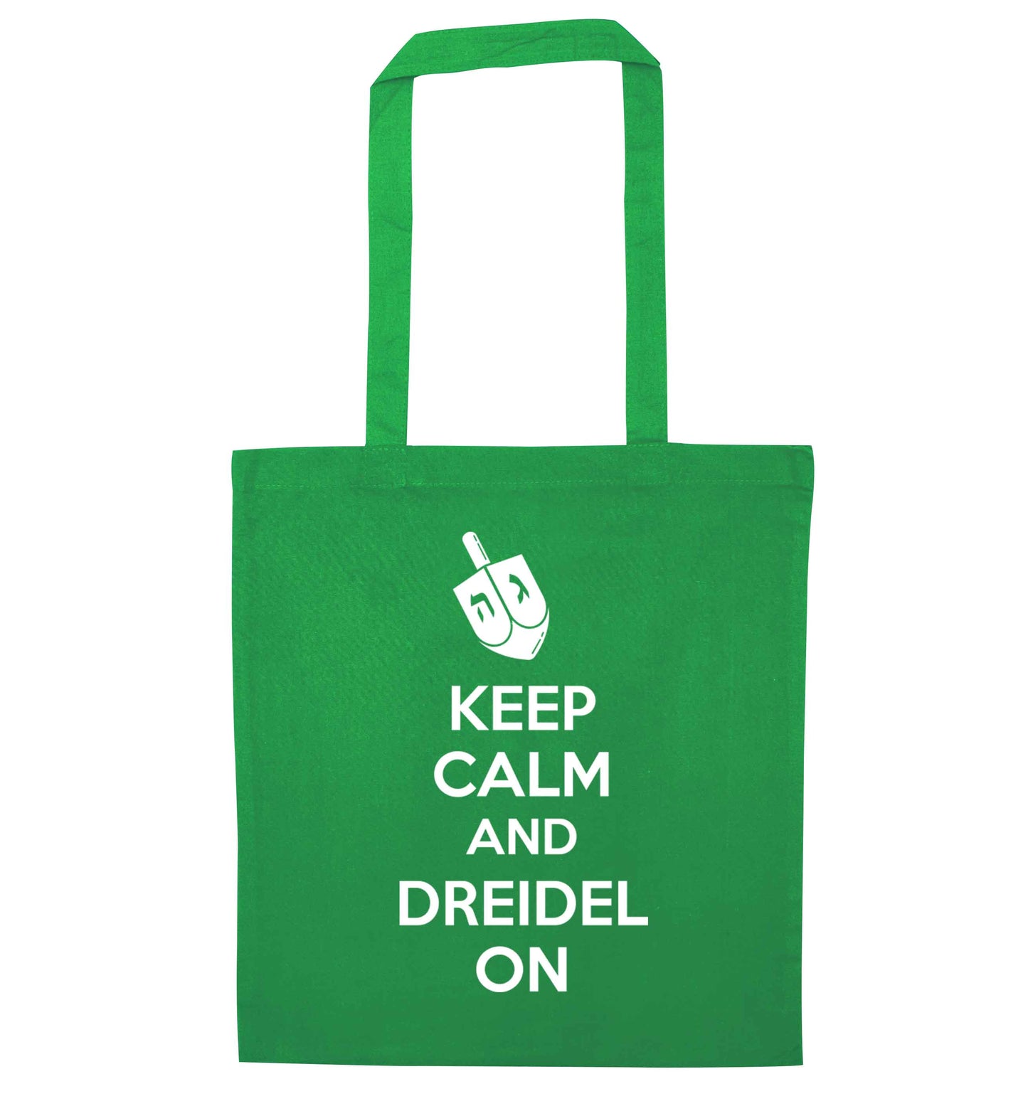 Keep calm and dreidel on green tote bag