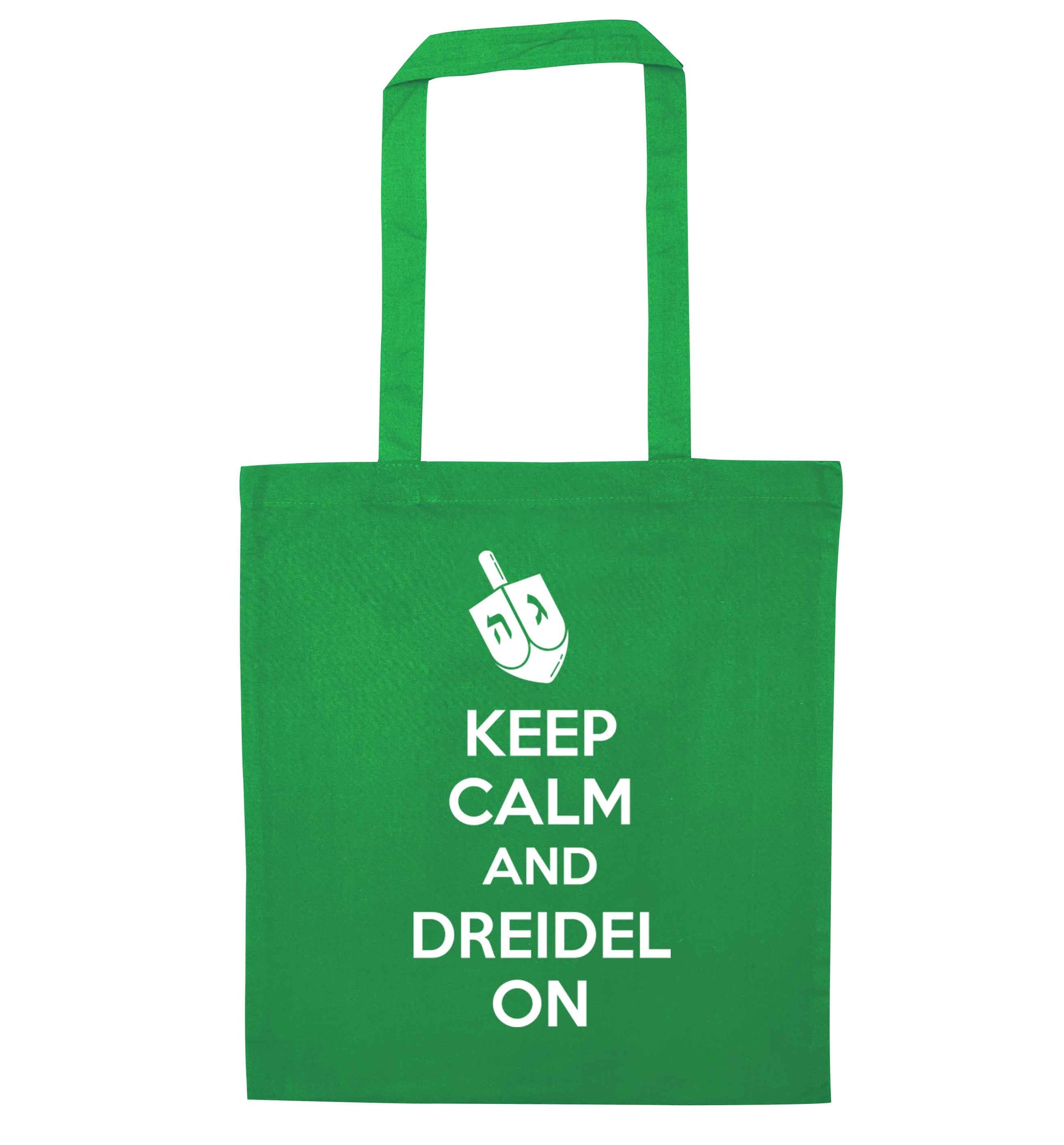 Keep calm and dreidel on green tote bag