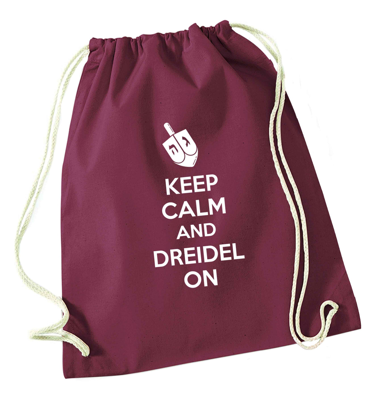 Keep calm and dreidel on maroon drawstring bag