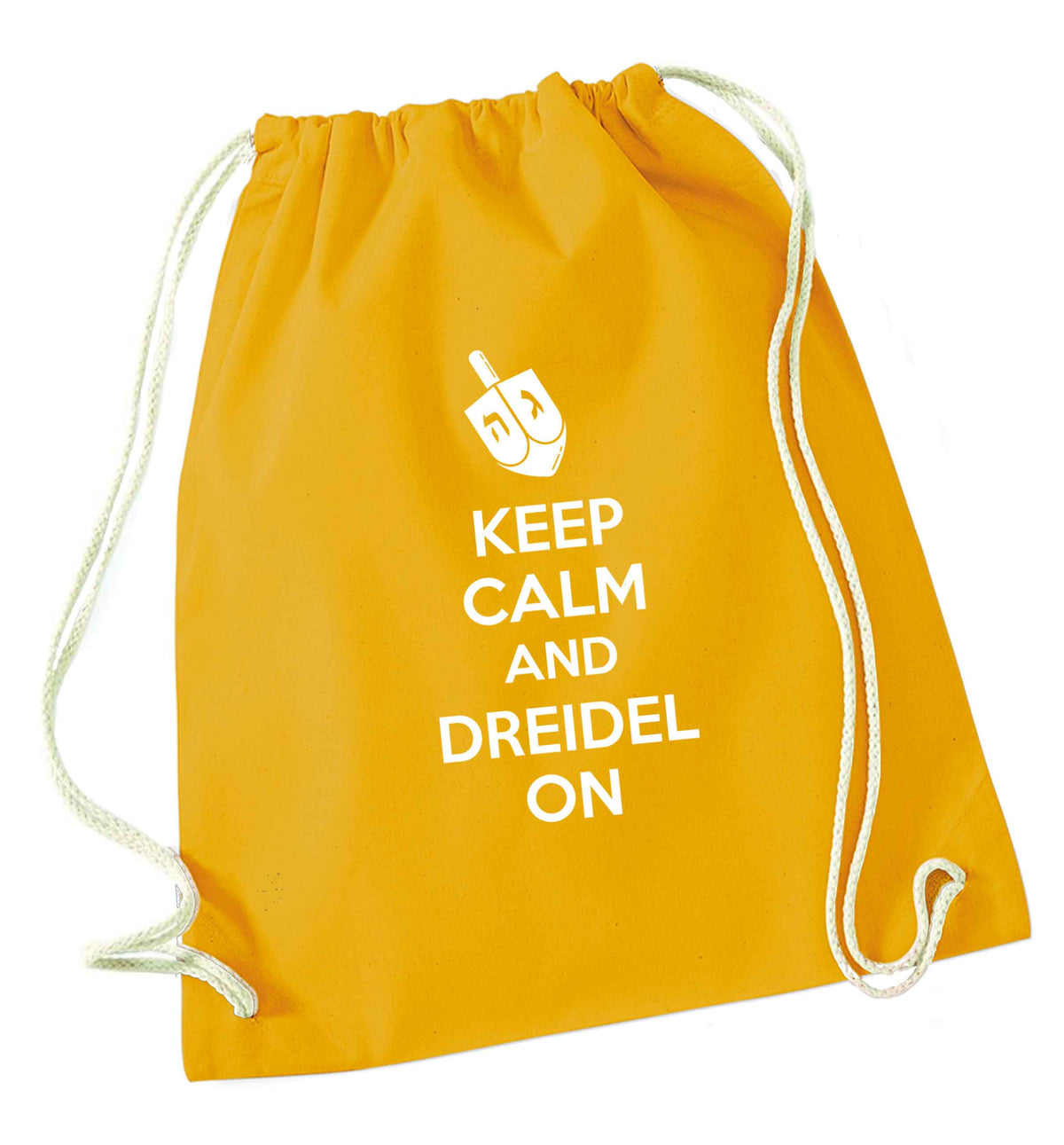 Keep calm and dreidel on mustard drawstring bag