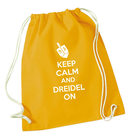 Keep calm and dreidel on mustard drawstring bag