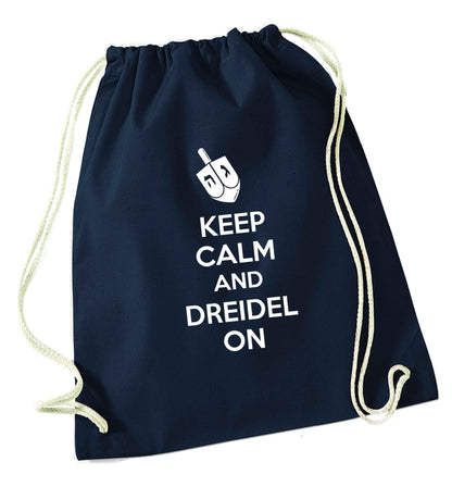 Keep calm and dreidel on navy drawstring bag