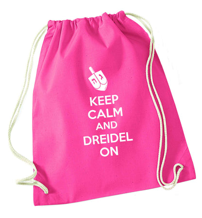Keep calm and dreidel on pink drawstring bag