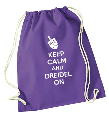 Keep calm and dreidel on purple drawstring bag