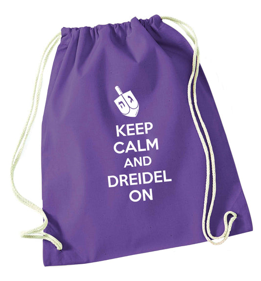Keep calm and dreidel on purple drawstring bag
