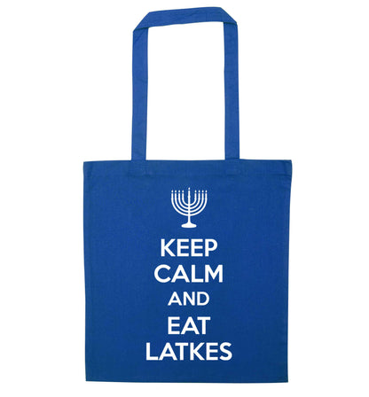 Keep calm and eat latkes blue tote bag