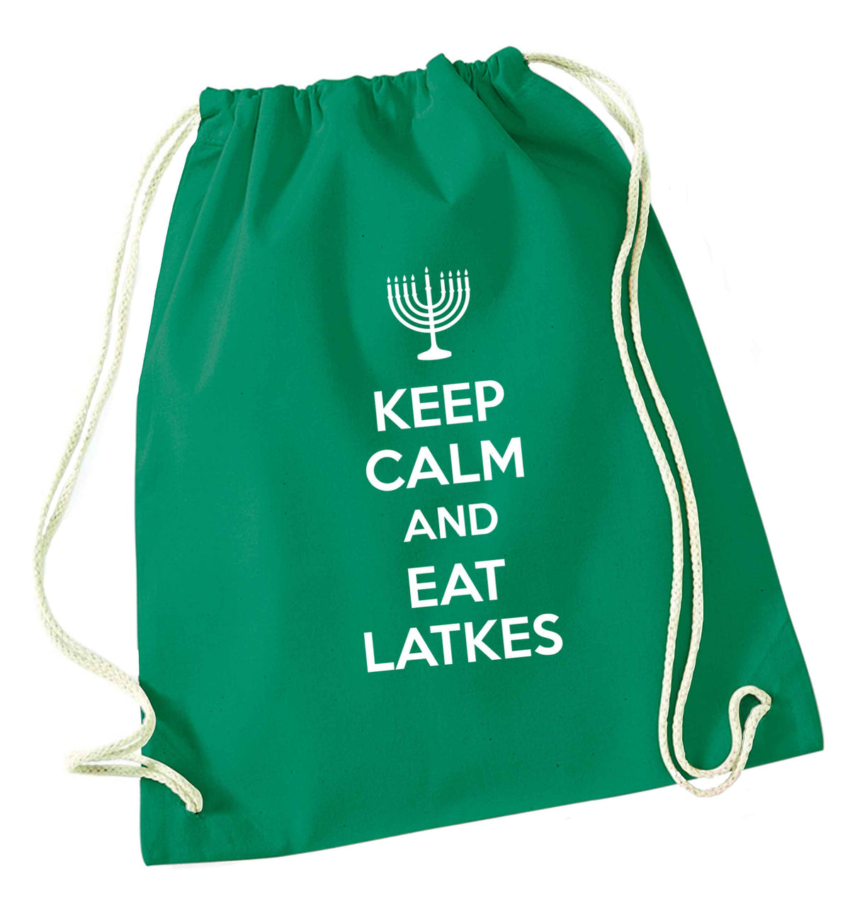 Keep calm and eat latkes green drawstring bag