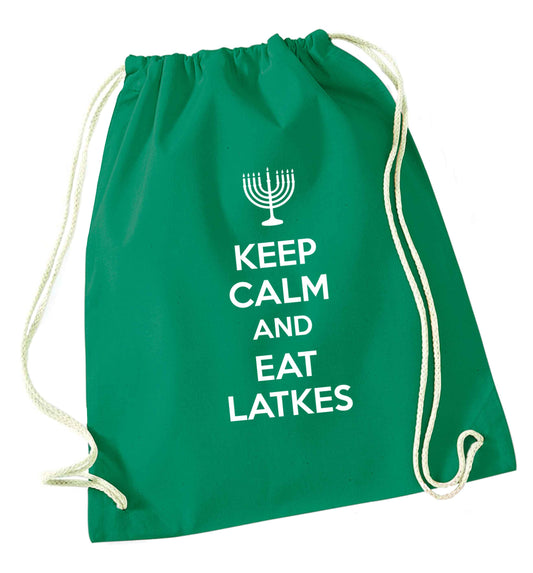 Keep calm and eat latkes green drawstring bag