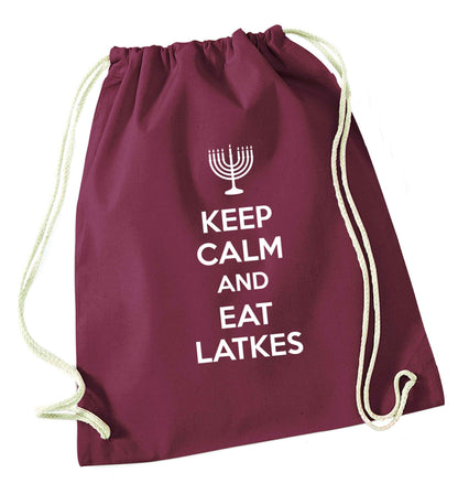 Keep calm and eat latkes maroon drawstring bag