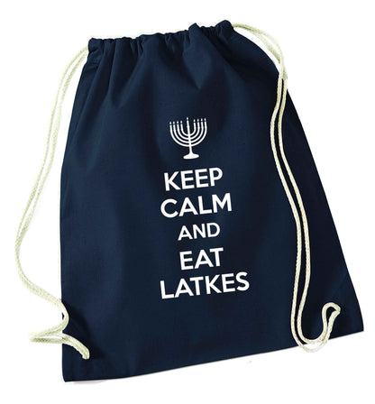 Keep calm and eat latkes navy drawstring bag