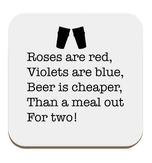 Roses are red violets are blue beer is cheaper than a meal out for two set of four coasters