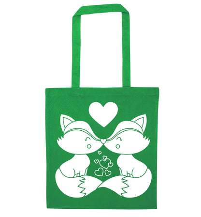 Valentines fox illustration green tote bag