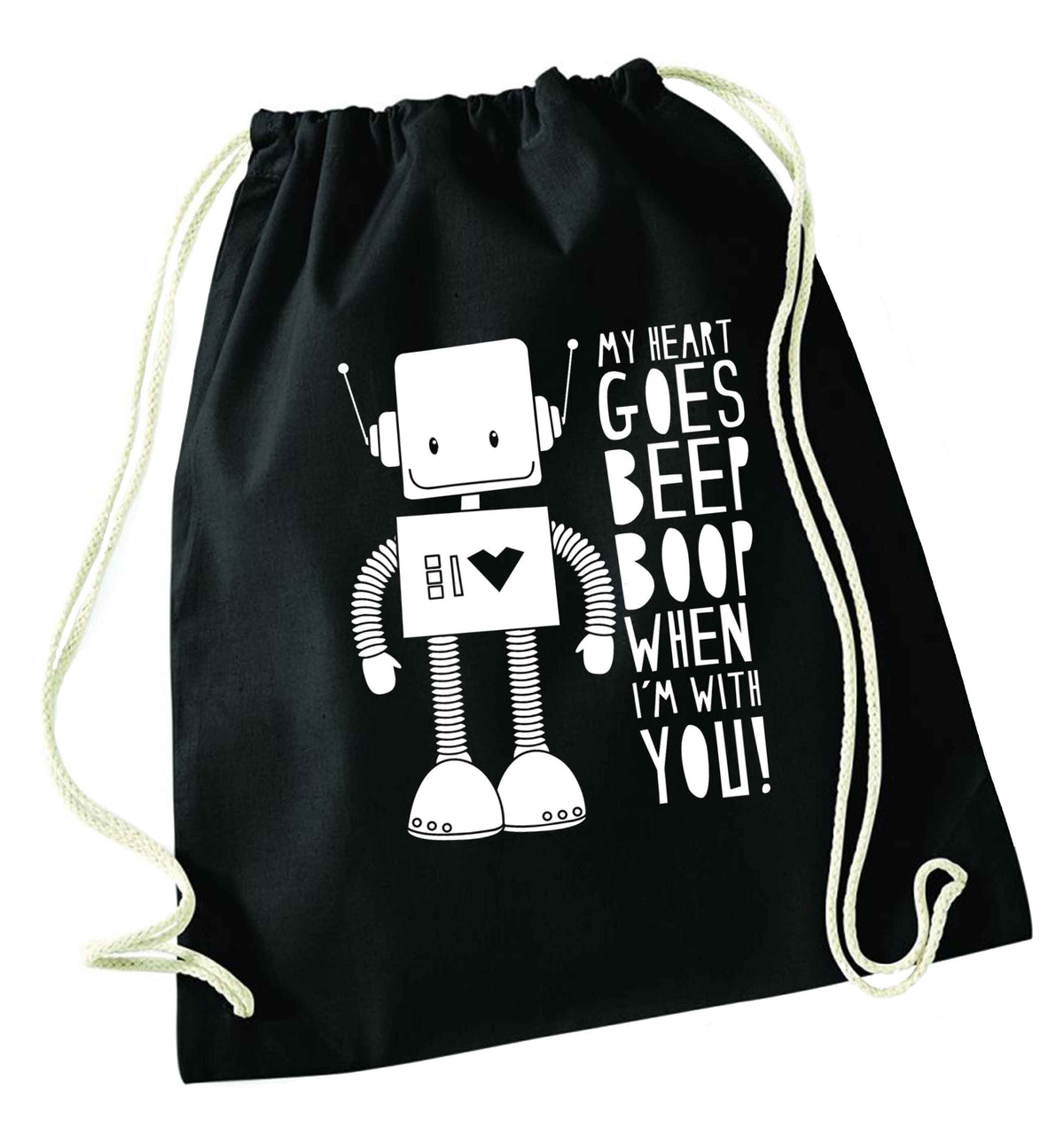 My heart goes beep boop when I'm with you black drawstring bag
