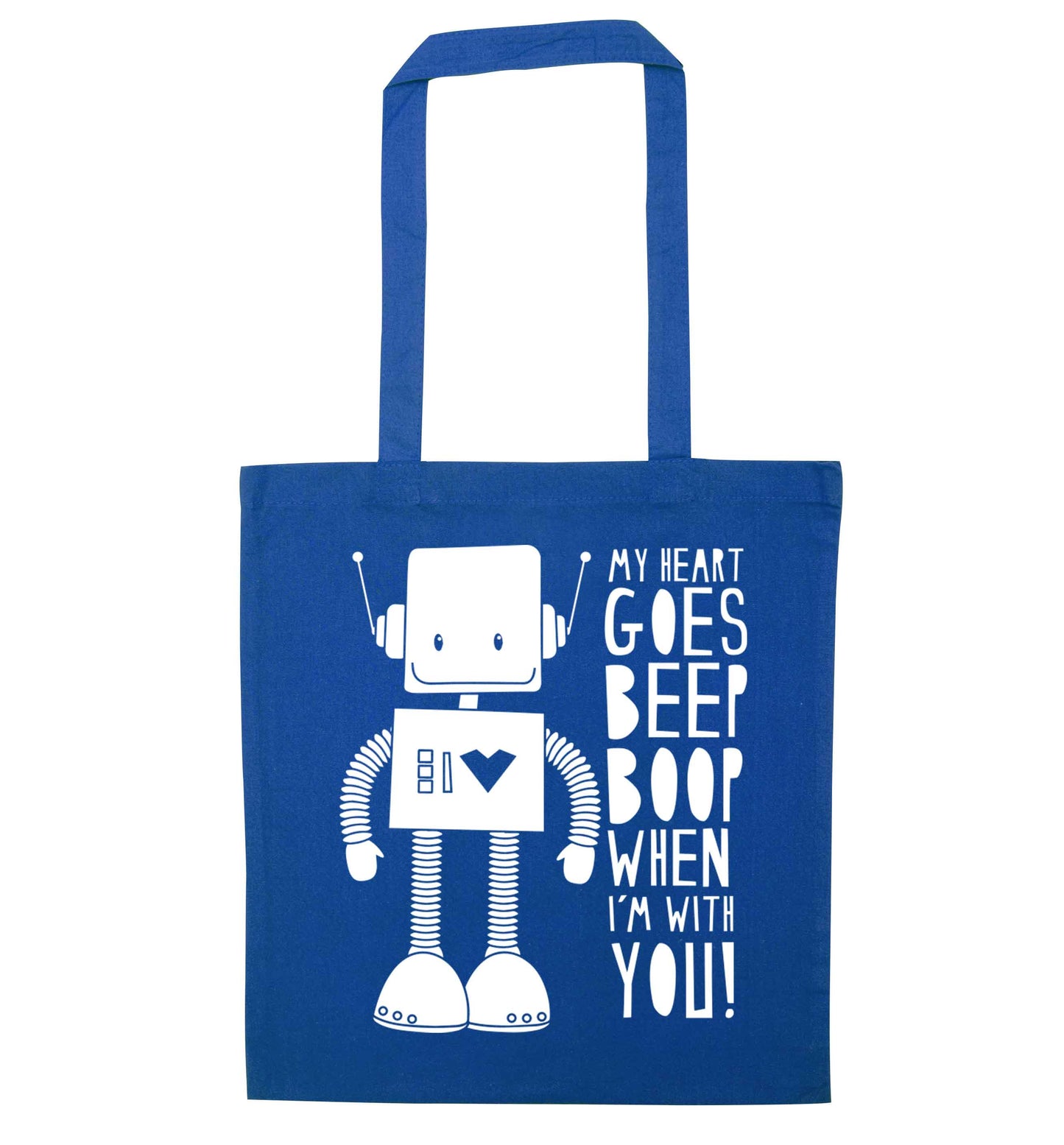 My heart goes beep boop when I'm with you blue tote bag