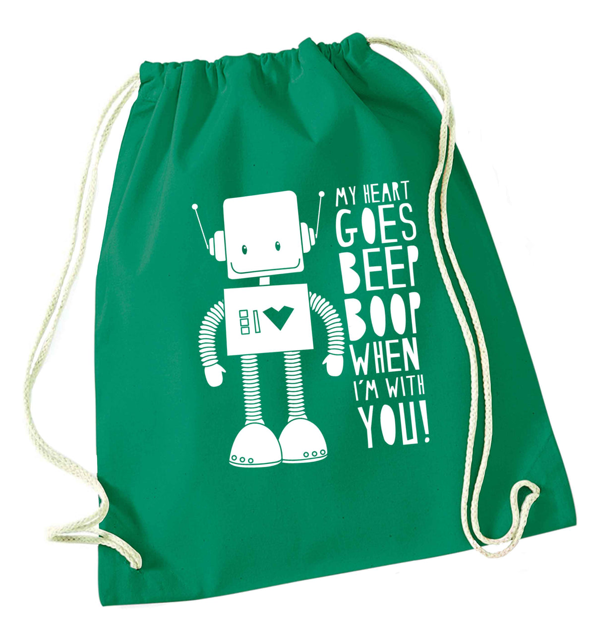 My heart goes beep boop when I'm with you green drawstring bag