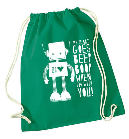 My heart goes beep boop when I'm with you green drawstring bag