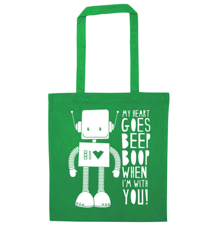My heart goes beep boop when I'm with you green tote bag