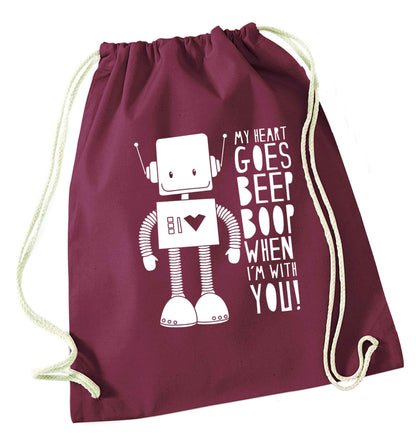 My heart goes beep boop when I'm with you maroon drawstring bag