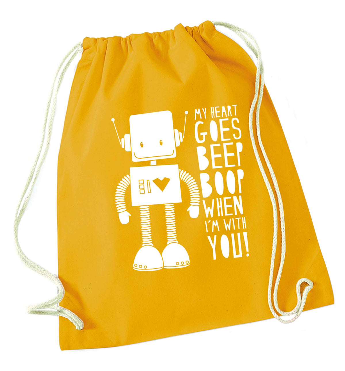 My heart goes beep boop when I'm with you mustard drawstring bag