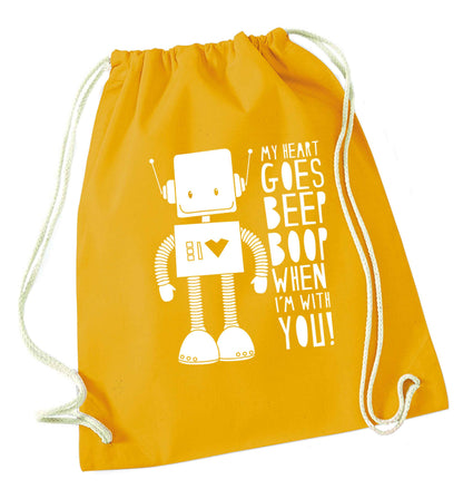 My heart goes beep boop when I'm with you mustard drawstring bag