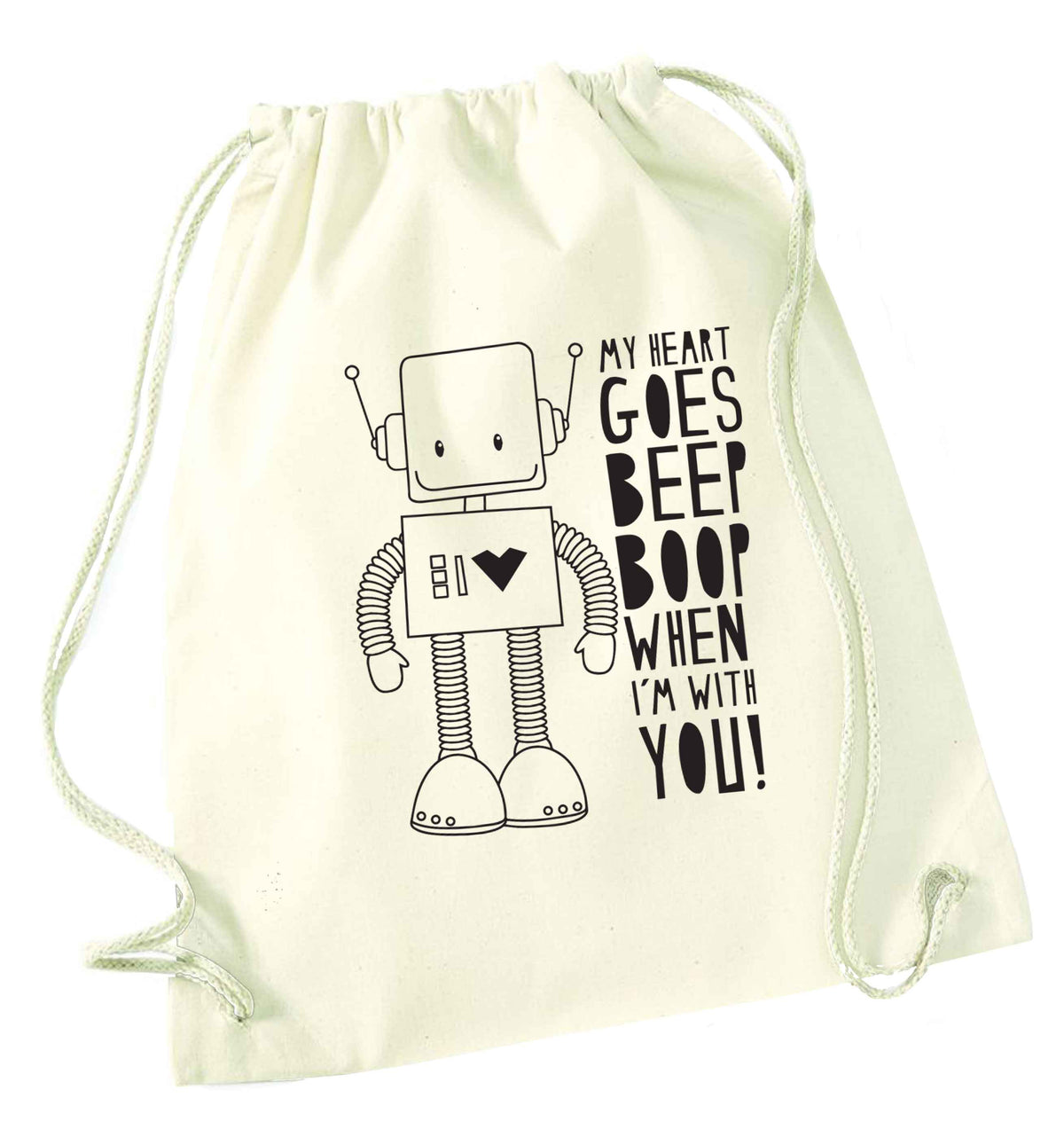 My heart goes beep boop when I'm with you natural drawstring bag
