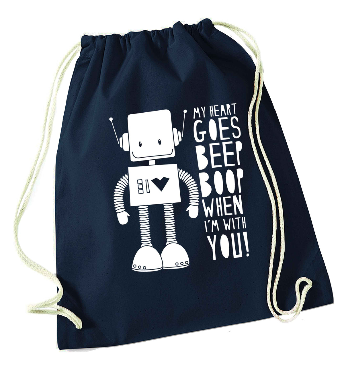 My heart goes beep boop when I'm with you navy drawstring bag