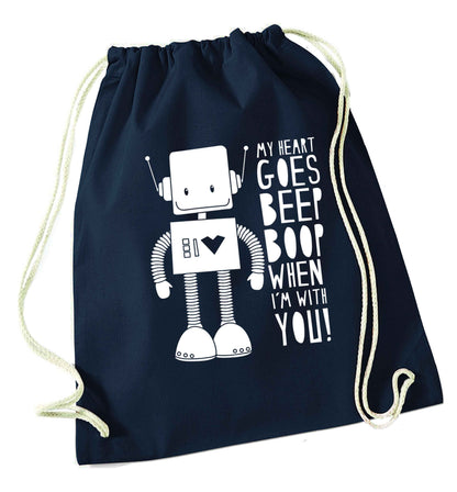 My heart goes beep boop when I'm with you navy drawstring bag