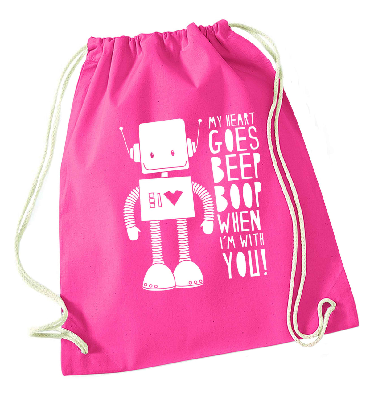 My heart goes beep boop when I'm with you pink drawstring bag