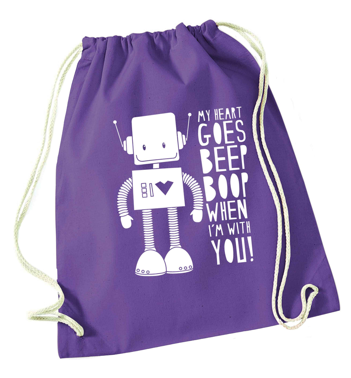 My heart goes beep boop when I'm with you purple drawstring bag