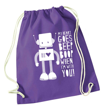 My heart goes beep boop when I'm with you purple drawstring bag