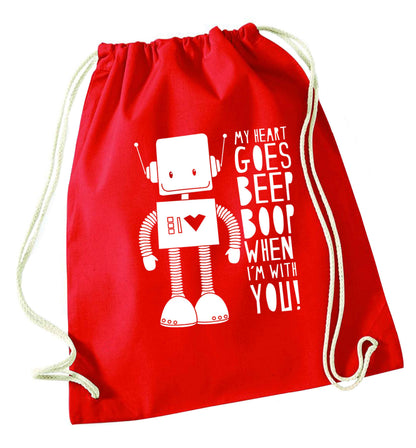My heart goes beep boop when I'm with you red drawstring bag 
