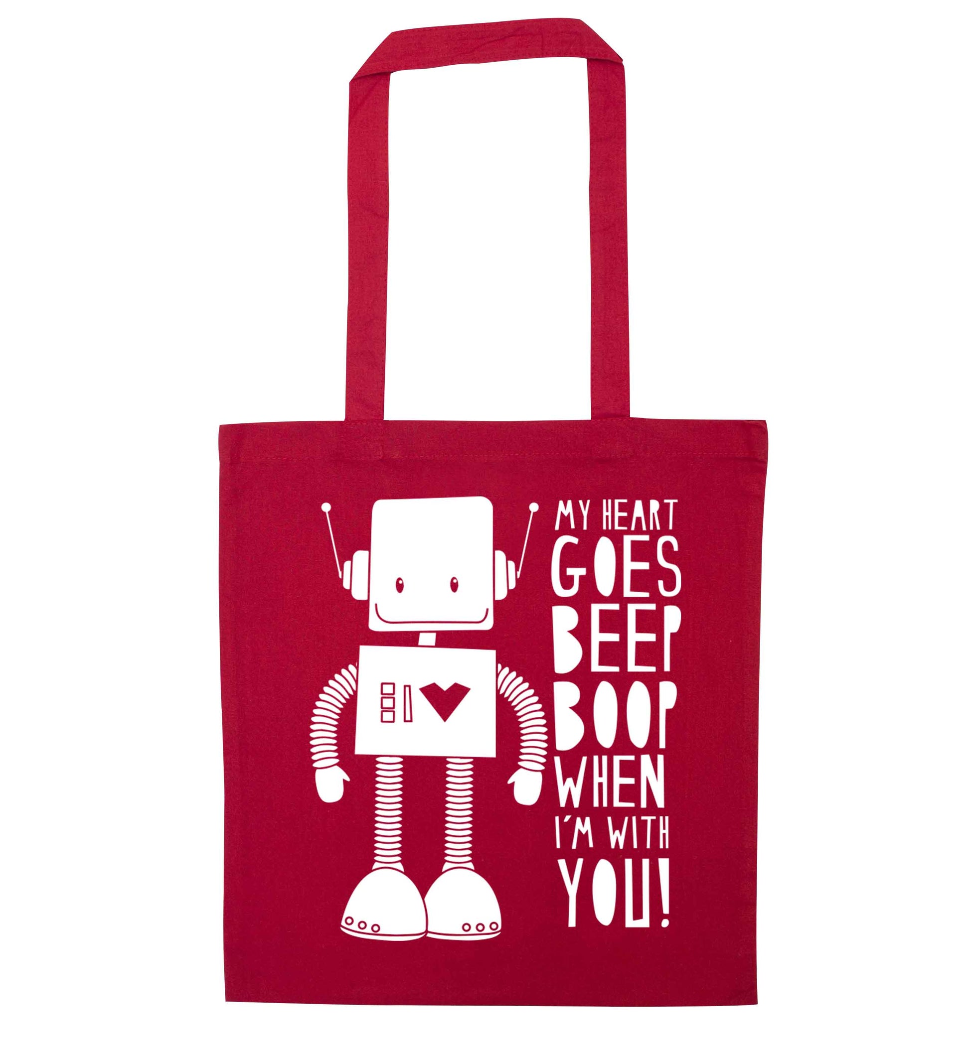 My heart goes beep boop when I'm with you red tote bag