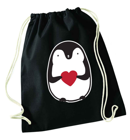Cute penguin heart black drawstring bag